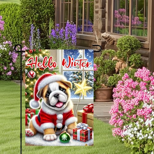 Image of BlissYard Garden Flag Bulldog Puppy Winter 12x18 Inch Polyester