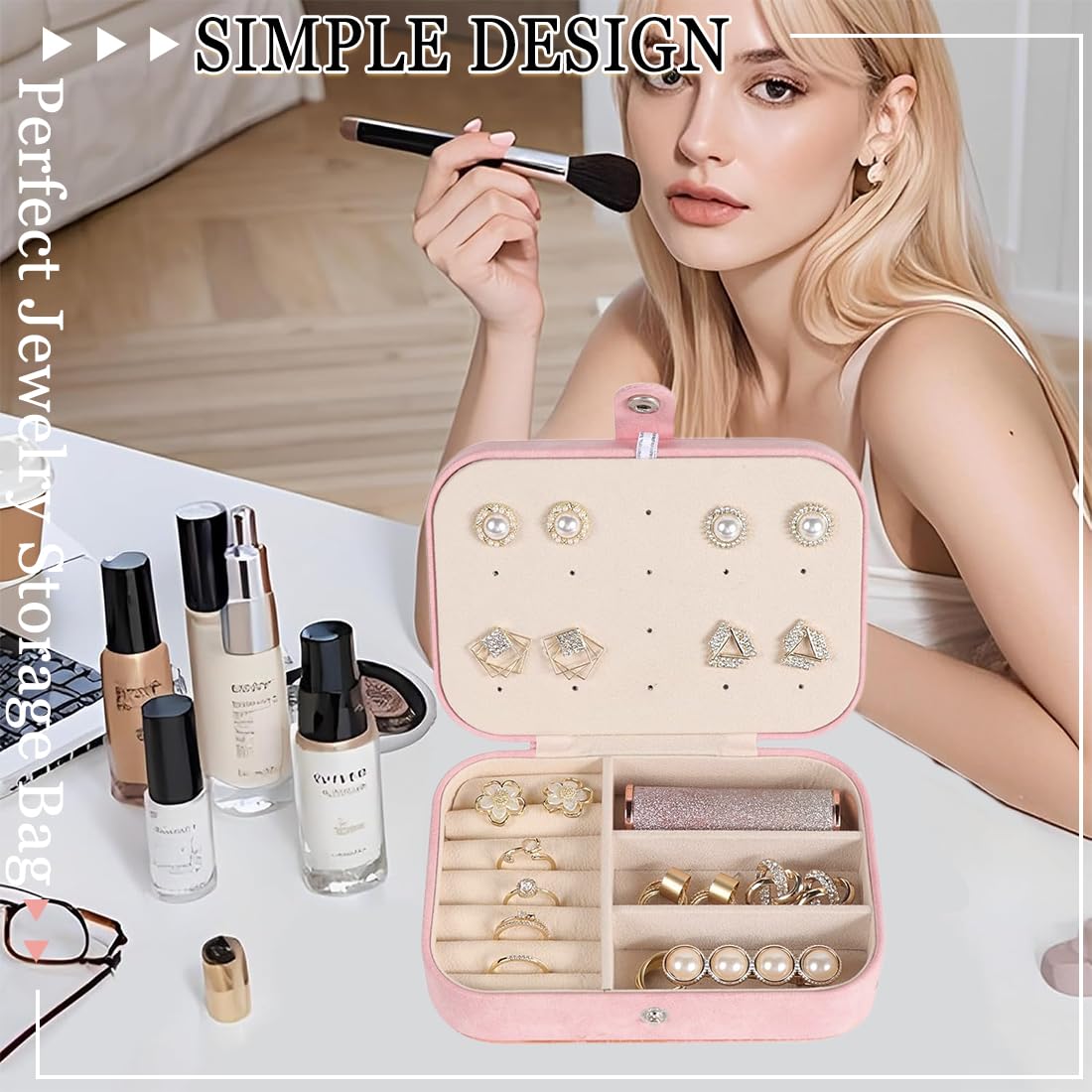 Joyero Pequeño Portátil para Mujer, Caja de Joyas para Anillos, Pendientes, Collares, Pulseras - Rosa