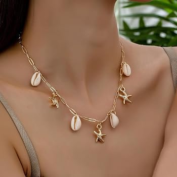 Hebterrka Collier avec pendentif en perles en forme d'étoile de mer en coquillage pour femme, collier pendentif charme de plage, délicates couches d'or réglables bijoux d'été océan, or, L Hebterrka Collier avec pendentif en perles en forme d'étoile de mer en coquillage pour femme, collier pendentif charme de plage, délicates couches d'or réglables bijoux d'été océan, or, L