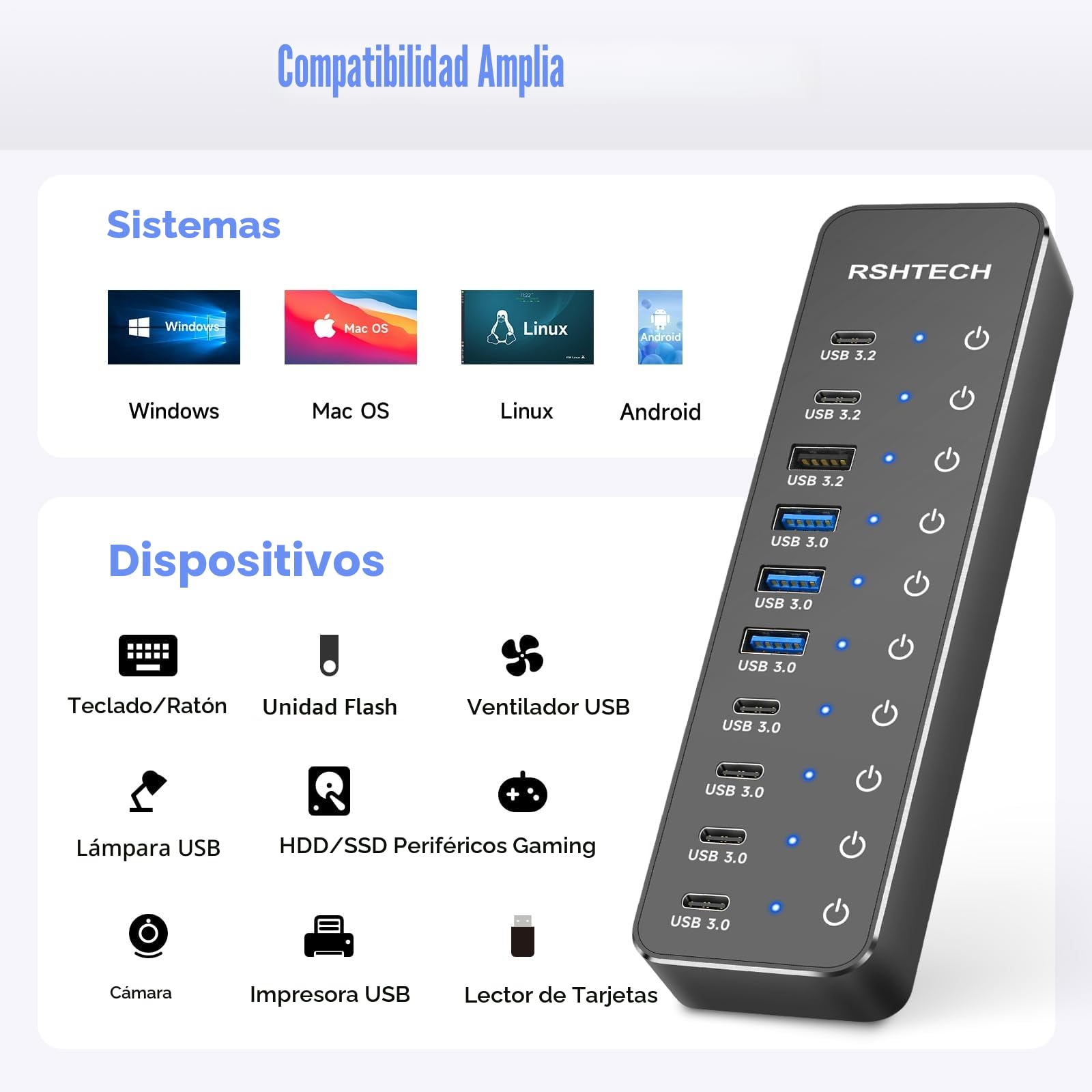 Hub USB Alimentado, RSHTECH 10 Puertos Hub USB 3.2/USB C con 3X 10Gbps Data Port (2C+1A), 7X 5Gbps 3.0 Ports (4C+3A), Alimentación 12V/5A 60W, Interruptores Individuales USB HUB, RSH-ST10C-6