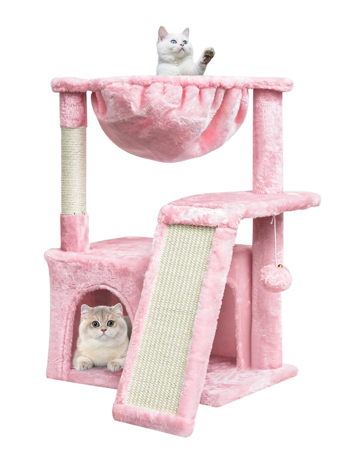 SYANDLVY Cat Tree for Indoor Cats Large Adults, Modern Activity Tower with Scratching Posts & Board, Condo with Plush Perch, Climbing Stand with Cradle & Hanging Ball for Play, Pink
