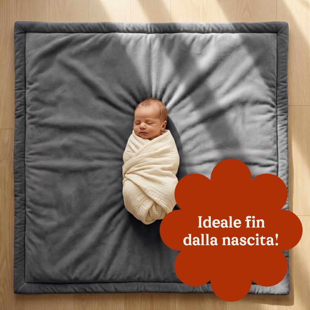 CASABEL Tappeto gioco per bambini, velluto, morbido, 120x120, grigio | Spessore 2,5 cm, schiuma confortevole, base antiscivolo, facile da pulire, ideale per giocare e gattonare, cameretta bébé