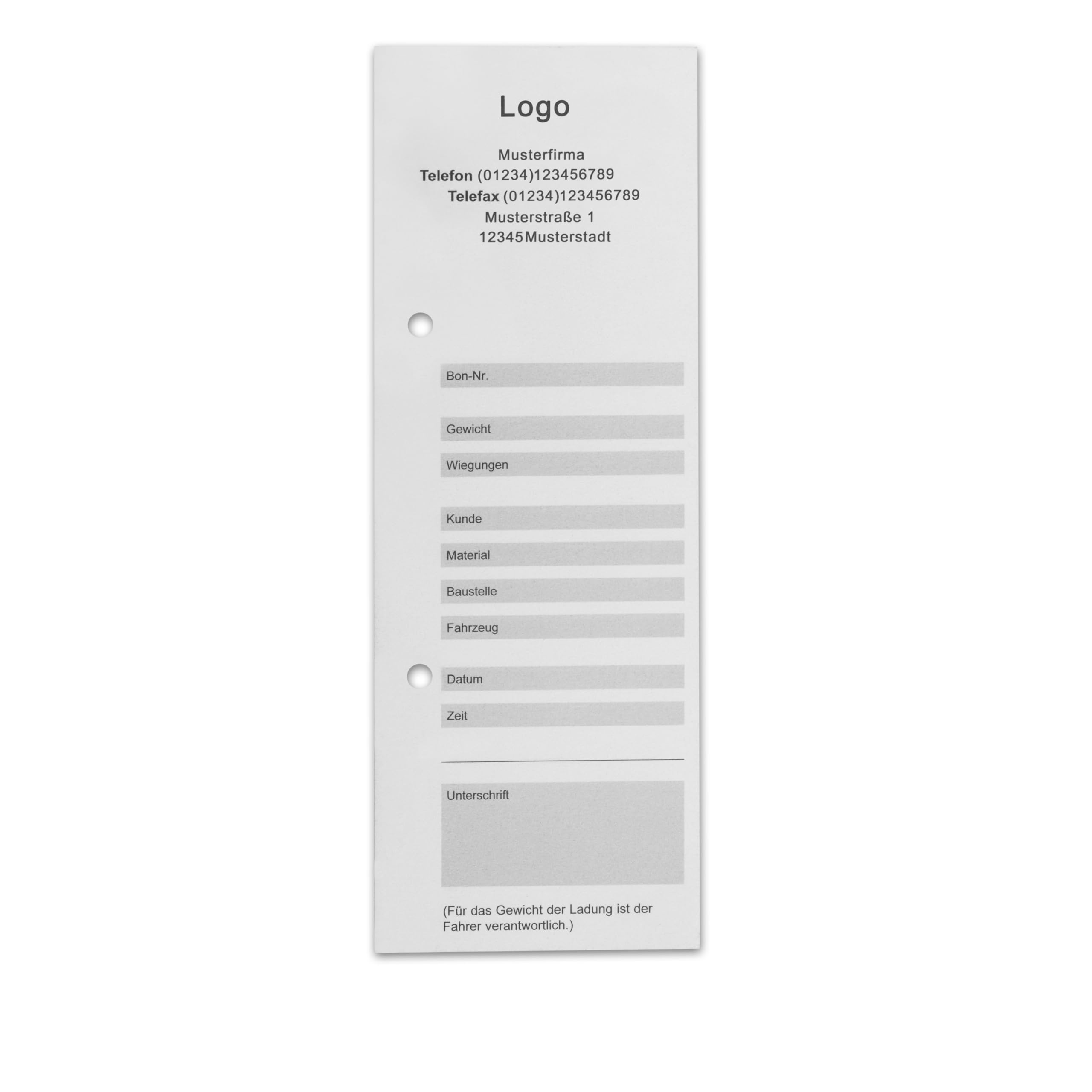 Wiegekarten, 75 x 210 mm, Hochformat, mit Lochung, 3-fach, für Plattformwaagen, mit Firmenaufdruck