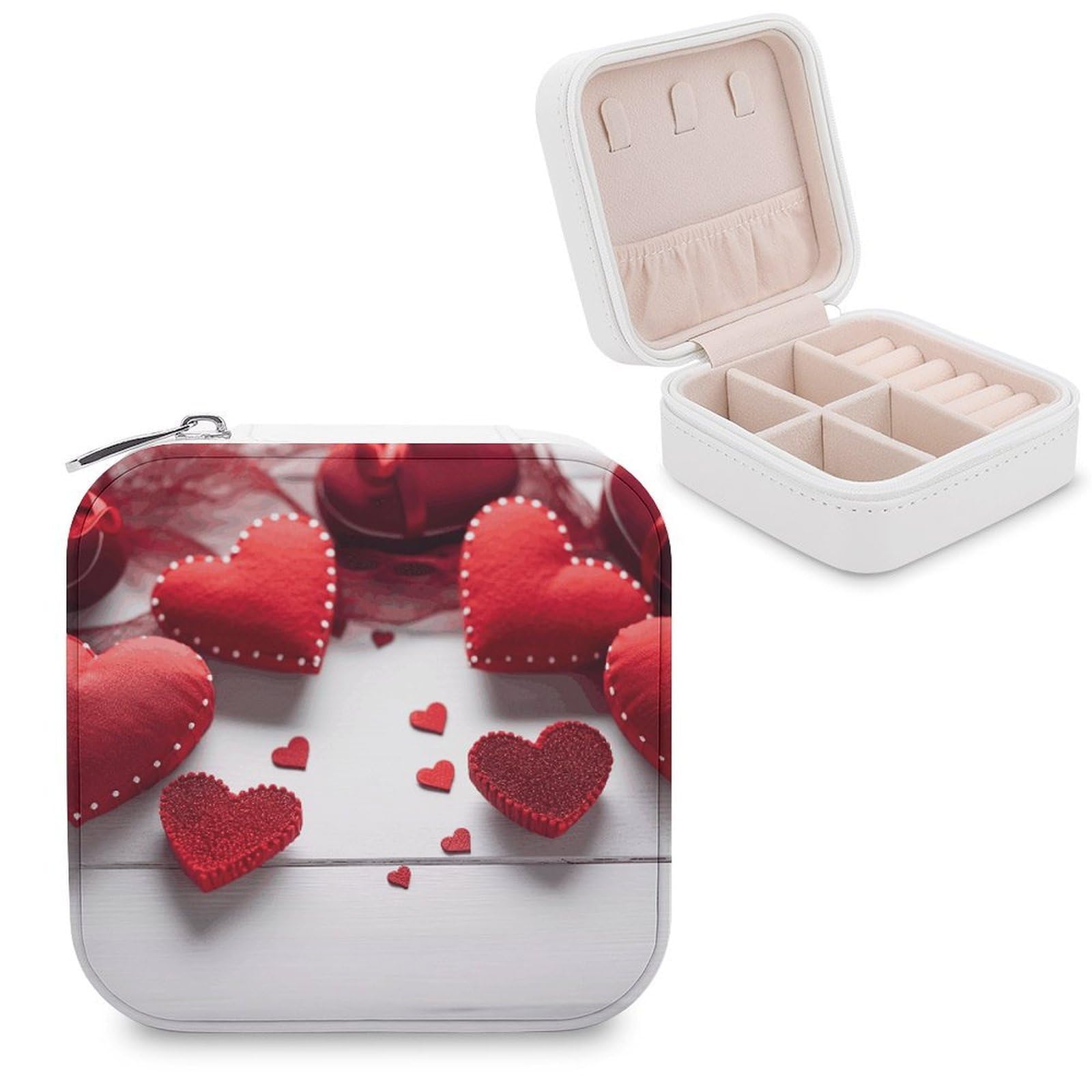 JTREHY Travel Handmade Red Hearts Jewelry Case Portable Display Storage Box PU Leather Mini Jewelry Travel Case Personalized Travel Jewelry Organizer Small Jewelry Box for Women