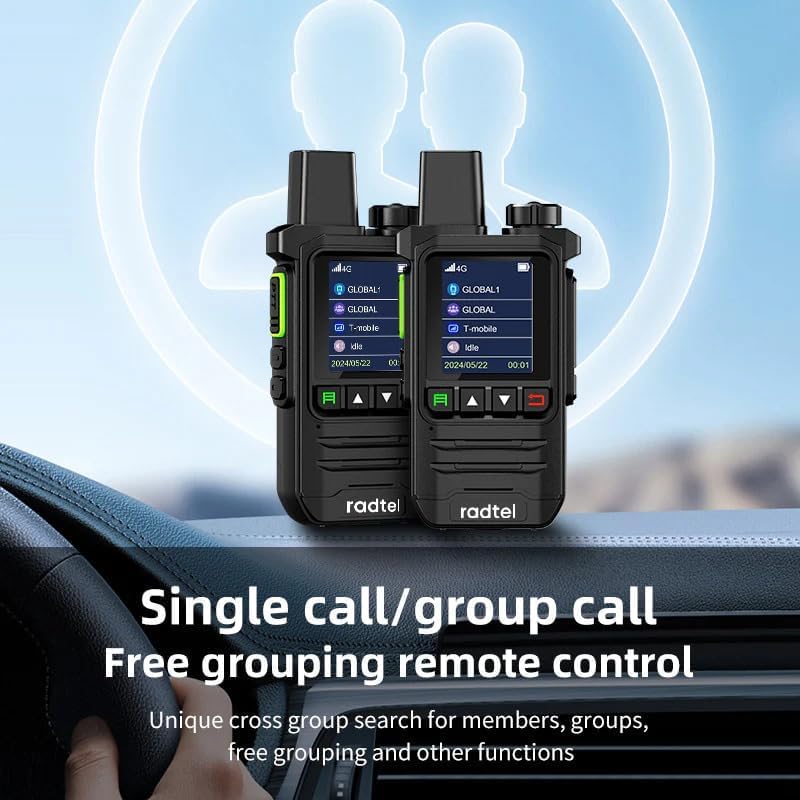 Two Radtel P6 PoC Radios displaying 'Single call/group call' and 'Free grouping remote control' features.