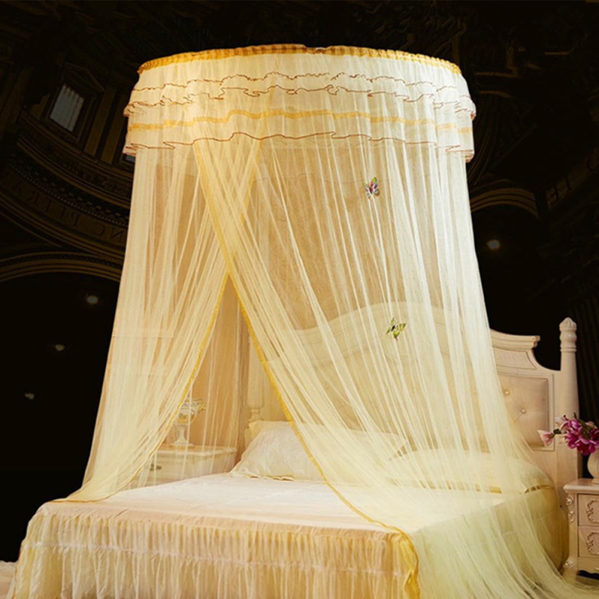 TEHAUX Zanzariera da Letto a Cupola in Pizzo Beige 1 Pezzo