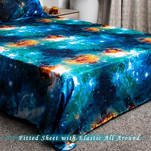 Bedlifes Galaxy Outer Space Sheet Set, Galaxy Themed, 3 pcs Including Flat Sheet, Fitted Sheet, and 1 Pillowcase (Blue Twin)