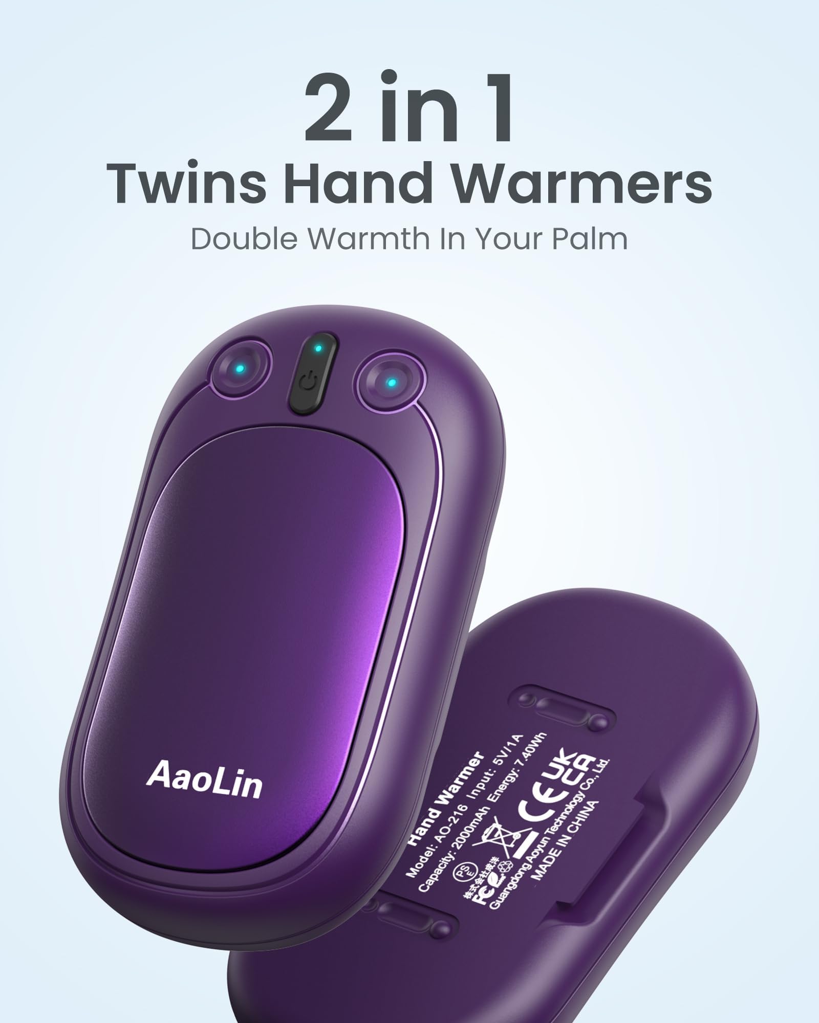 AaoLin - Scaldamani ricaricabili AI, confezione da 2 scaldamani elettrici, riutilizzabili, 12 ore di riscaldamento, portatile, tascabile, ottimo regalo per attività all'aperto, campeggio, golf
