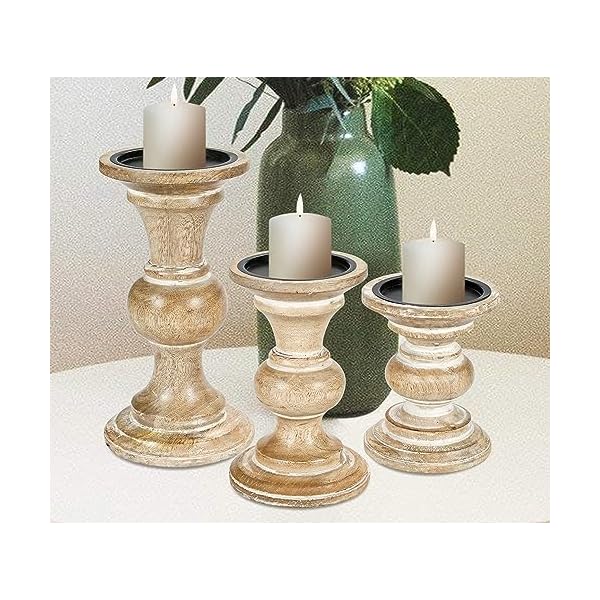 Candle stands wooden for pillar candlesrounded turned colums sustainable woods country style ideal for reiki aromatherapy votive candle gardens home decor 1086 inch set of 3 white wash  urban country home decor