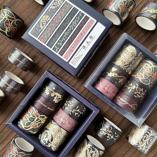 YUBX Vintage Washi Tape Set 6 Rolls Wide Retro Decorative Gold Foil Antique Patterns Masking Tapes for Arts, DIY Crafts, Journals, Planners, Scrapbook, Wrapping