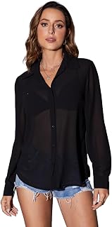 Women's Mesh Sheer Long Sleeve Shirt See Through Button Down Blouse