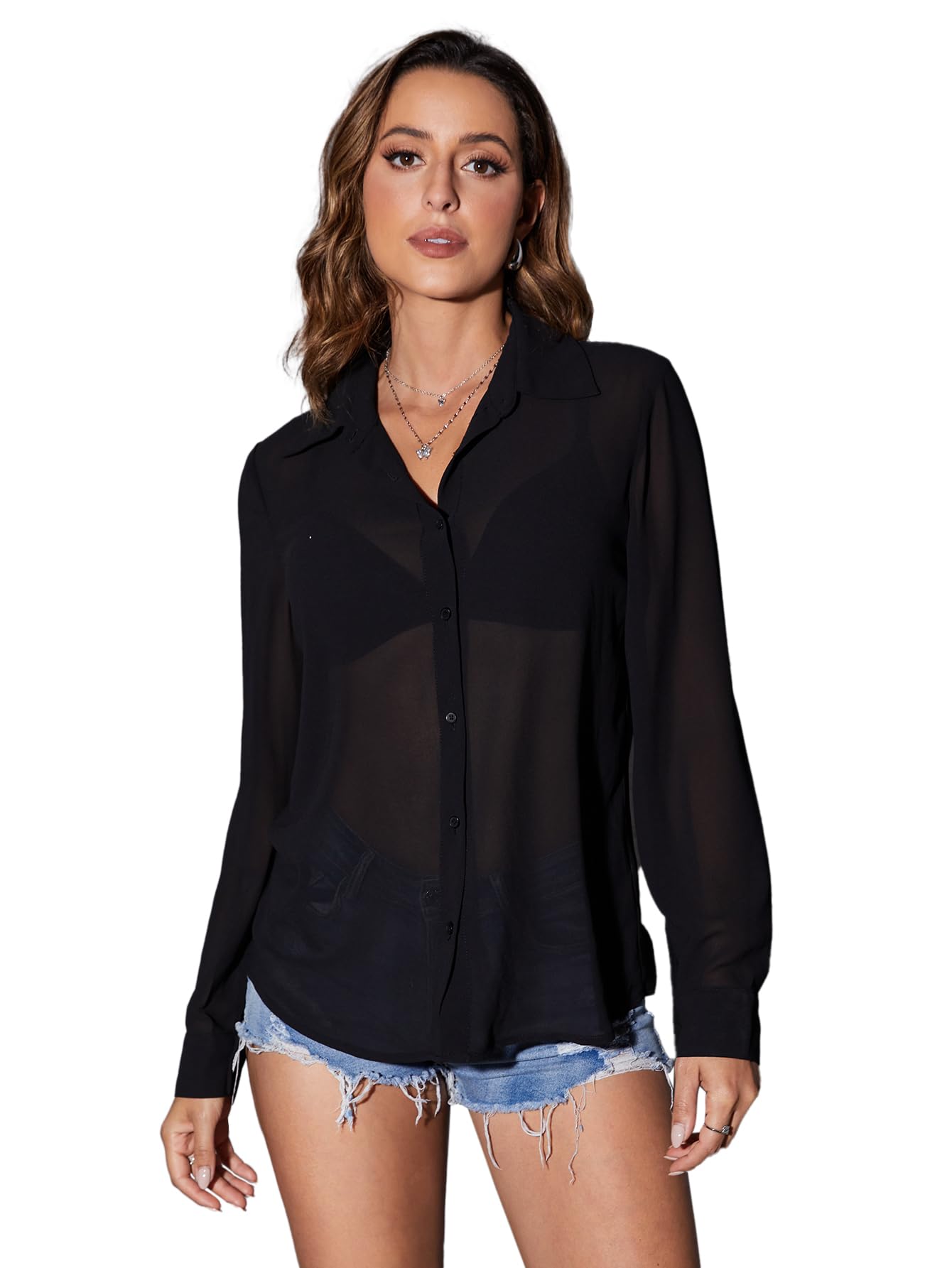 OYOANGLE Women's Mesh Sheer Long Sleeve Shirt See Through Button Down Blouse Top
