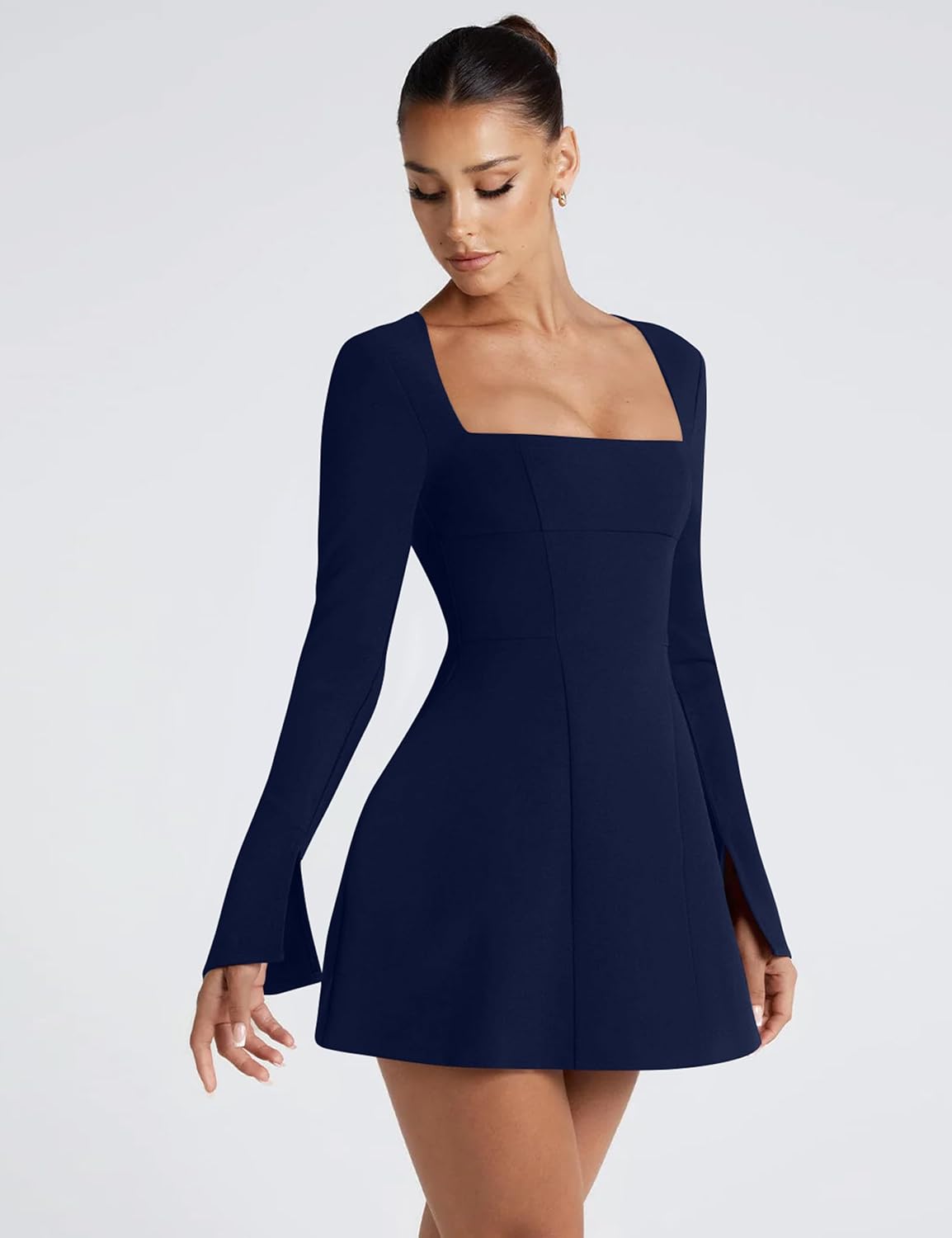 YMDUCH Women's Sexy Long Sleeve Square Neck A-Line Mini Club Prom Dress - Image 4