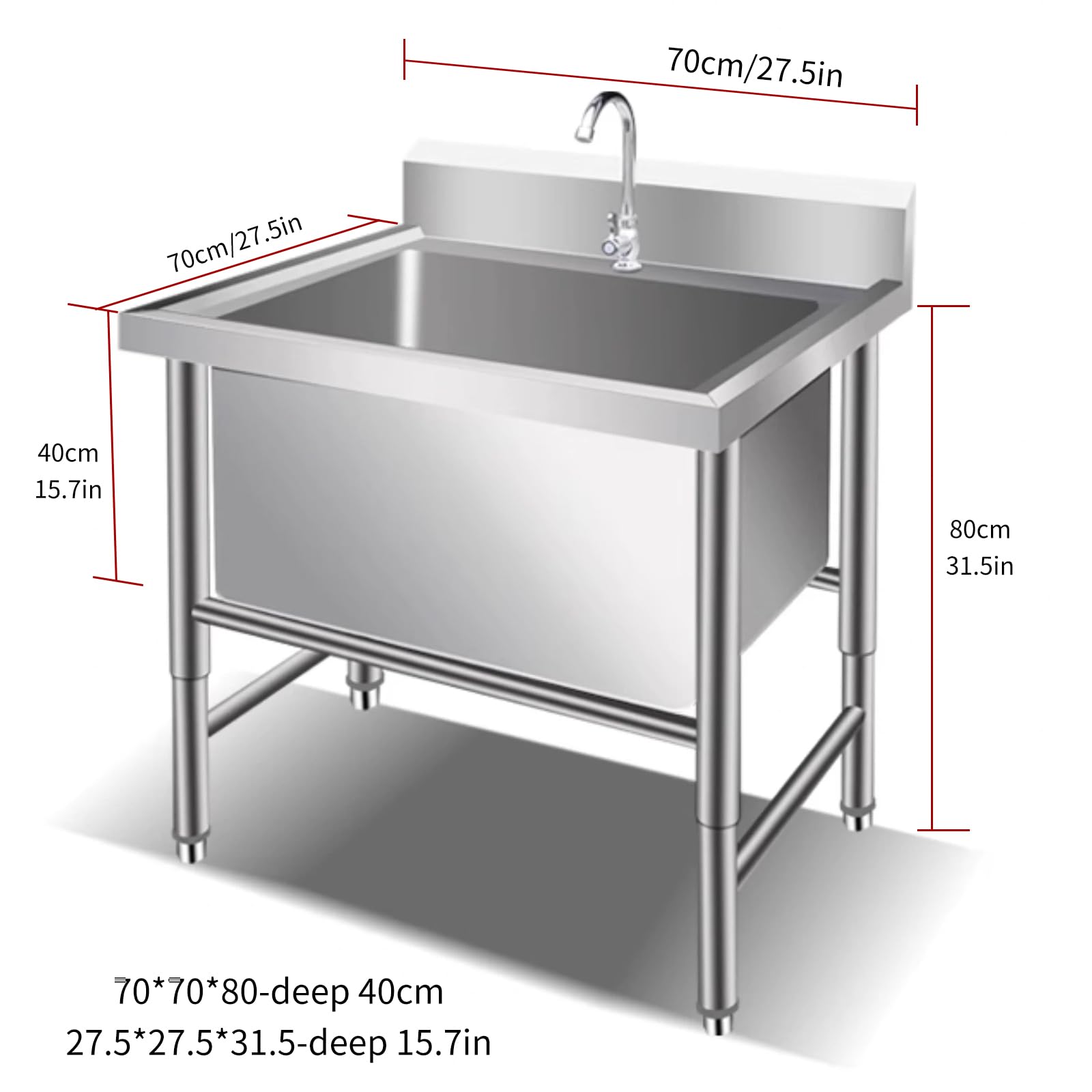 Lavello da cucina in acciaio inox, con rubinetto, lavabo, industriale, per ristorante, cucina, lavanderia, garage (dimensioni: 80 x 60 x 80 cm, profondità 40 cm/31,5 x 23,6 x 31,5 -