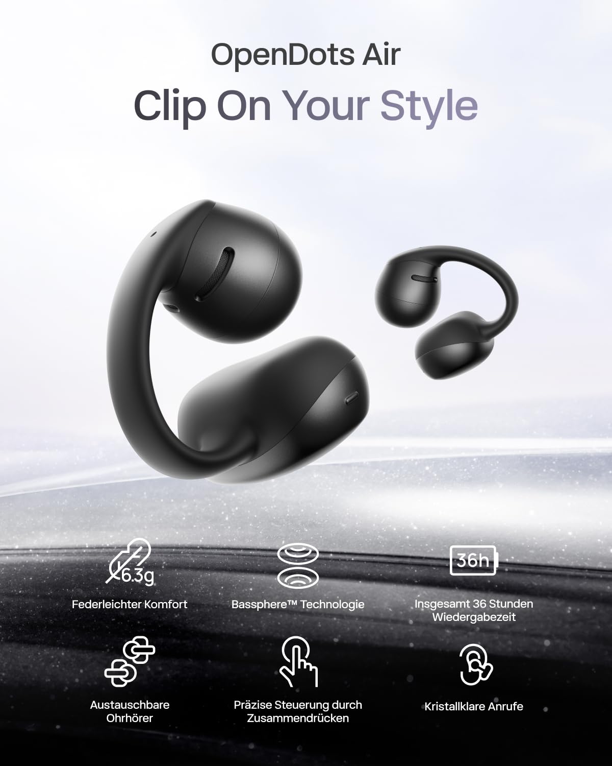 SHOKZ OpenDots Air Open-Ear-Kopfhörer mit Clip-on, ultraleichten 6,3 g, sicherer Passform, Deep Bass, 36 Std. Wiedergabezeit, Bluetooth 6.1, klare Anrufe bei Arbeit und Sport, IP55, Schwarz