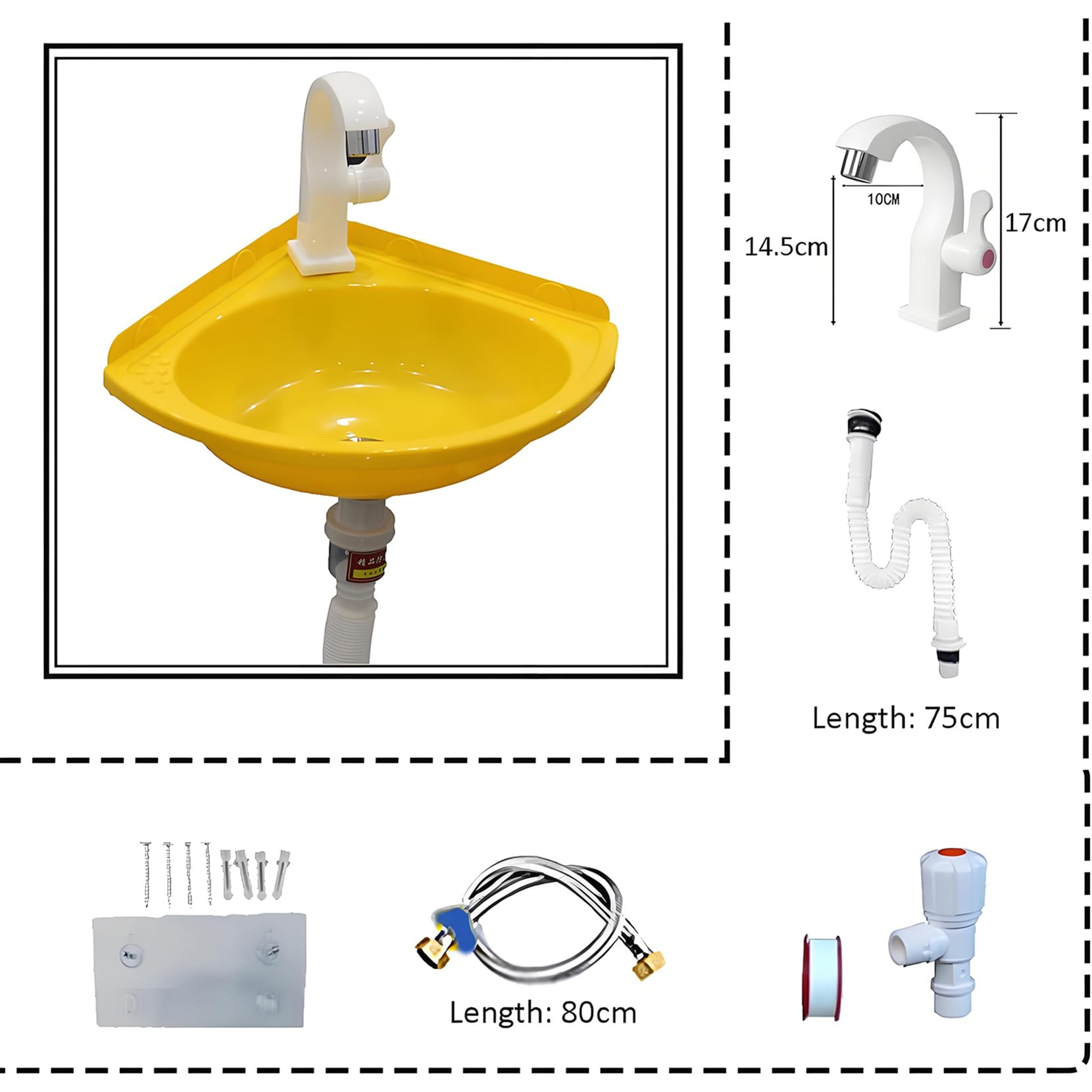 Lavabo Piccolo angolare Lavabo A Parete Senza Foratura Lavandini Triangolare Plastica Con Rubinetto E Accessori Di Scarico,Lavello per Bagno Per Camping-Car,Barca,Bagno,Wc