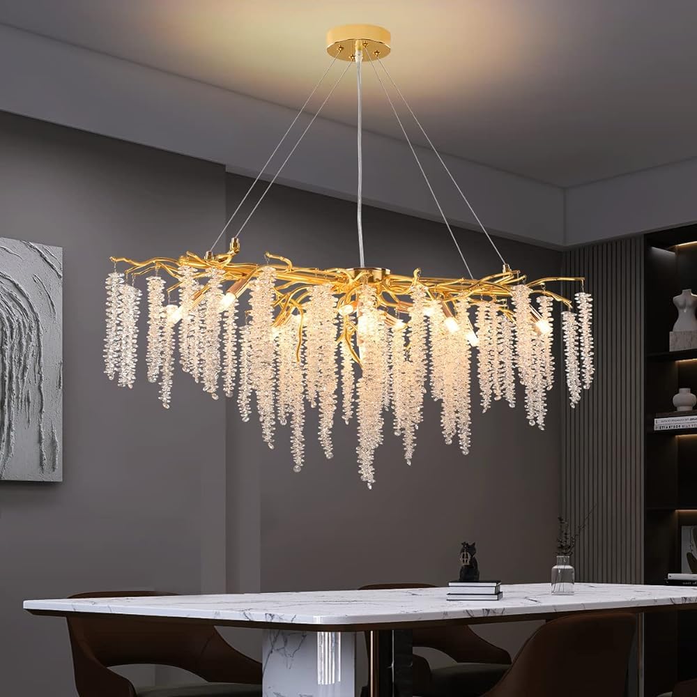HYJAUSXB Luxury Gold Crystal Raindrop Chandelier with 13 Lights for Kitchen Island Modern Tree Branch Design Rectangular Pendant Light Fixture Living Room Dining Foyer 110CM Length