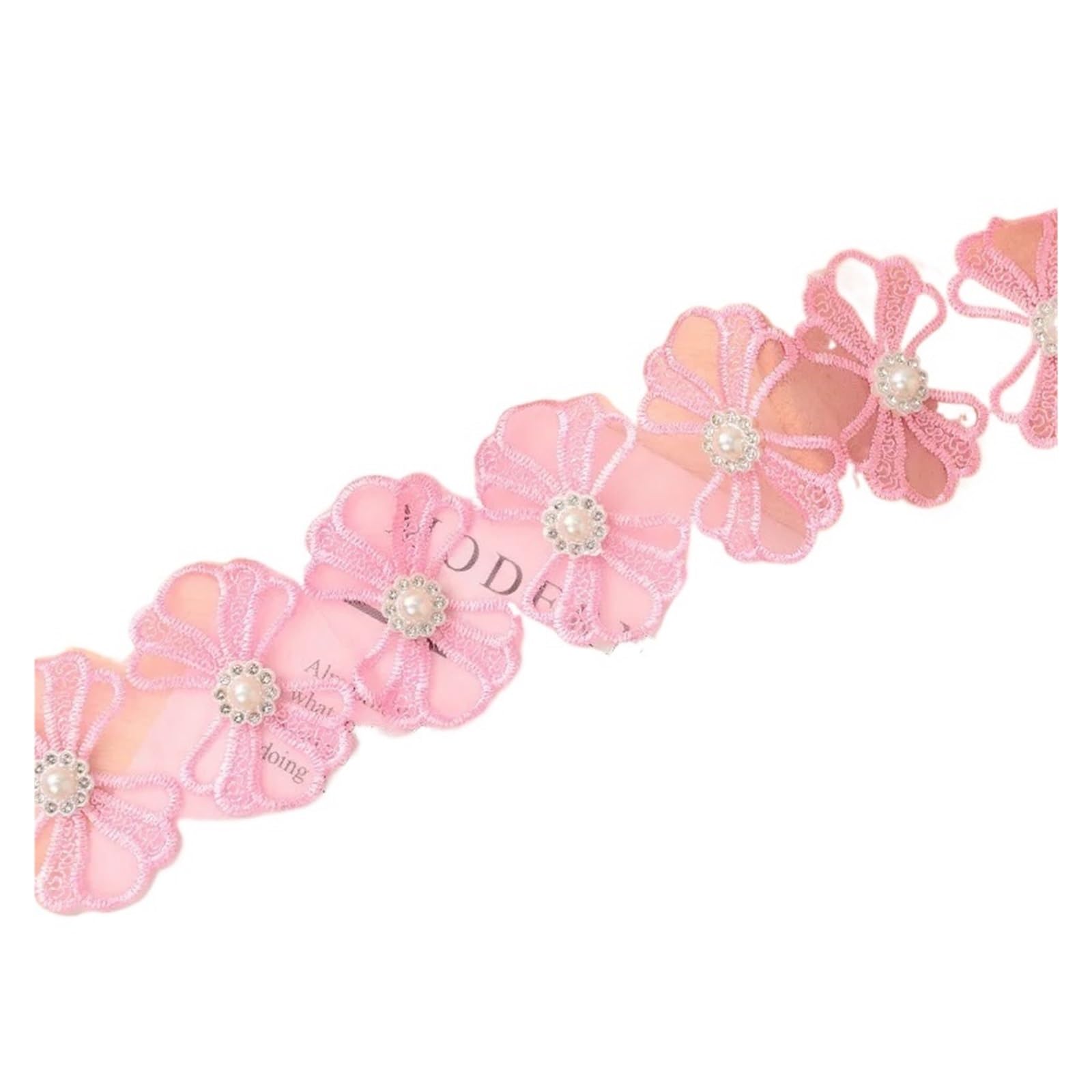 Cinta de encaje Adorno de encaje bordado 4 cm con lazos 3D diamantes imitación y perlas - 20 yardas for ropa, manualidades decoración del hogar(Pink)