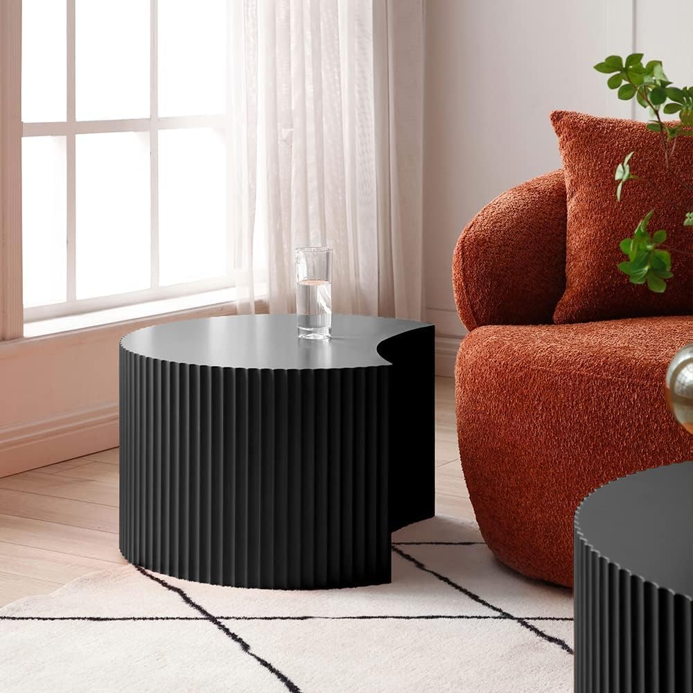 KEVINSPACE Round Coffee Table Set of 3, Modern Handcraft Nesting Table Wood Side Table Drum Accent End Table Circular Coffee Table Set for Living Room Bedroom Apartment Black Half-Moon 3 pics