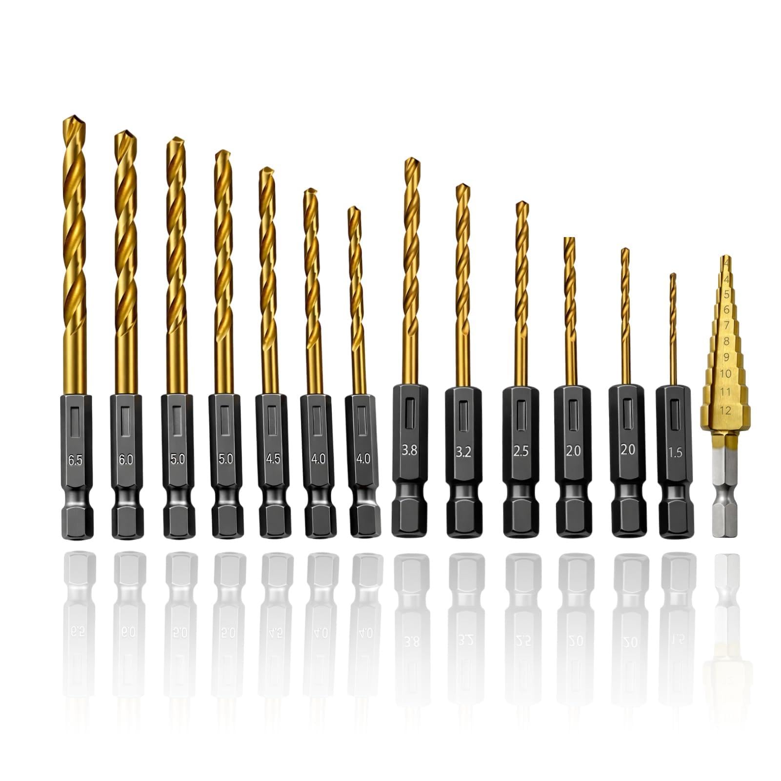 Juego De 14 Brocas De Titanio, Hss Con Vástago Hexagonal De 6,35 Mm, Brocas Para Metal De Cambio Rápido De 1,5 a 6,5 Mm, Incluidas Brocas Escalonadas De 3 a 12 Mm, Juego De Brocas Para Metal