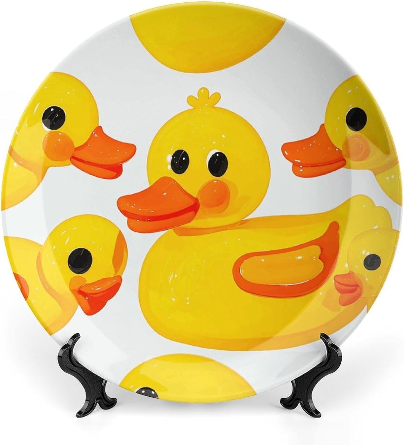 Rubber Duckling Pattern Ceramic Decorative Plate, Bone China Plates | Chinese Style Decorative Dish with Stand, Dinner Plates Art Crafts for Wall Decor, Collections Plate with Hook 6inch