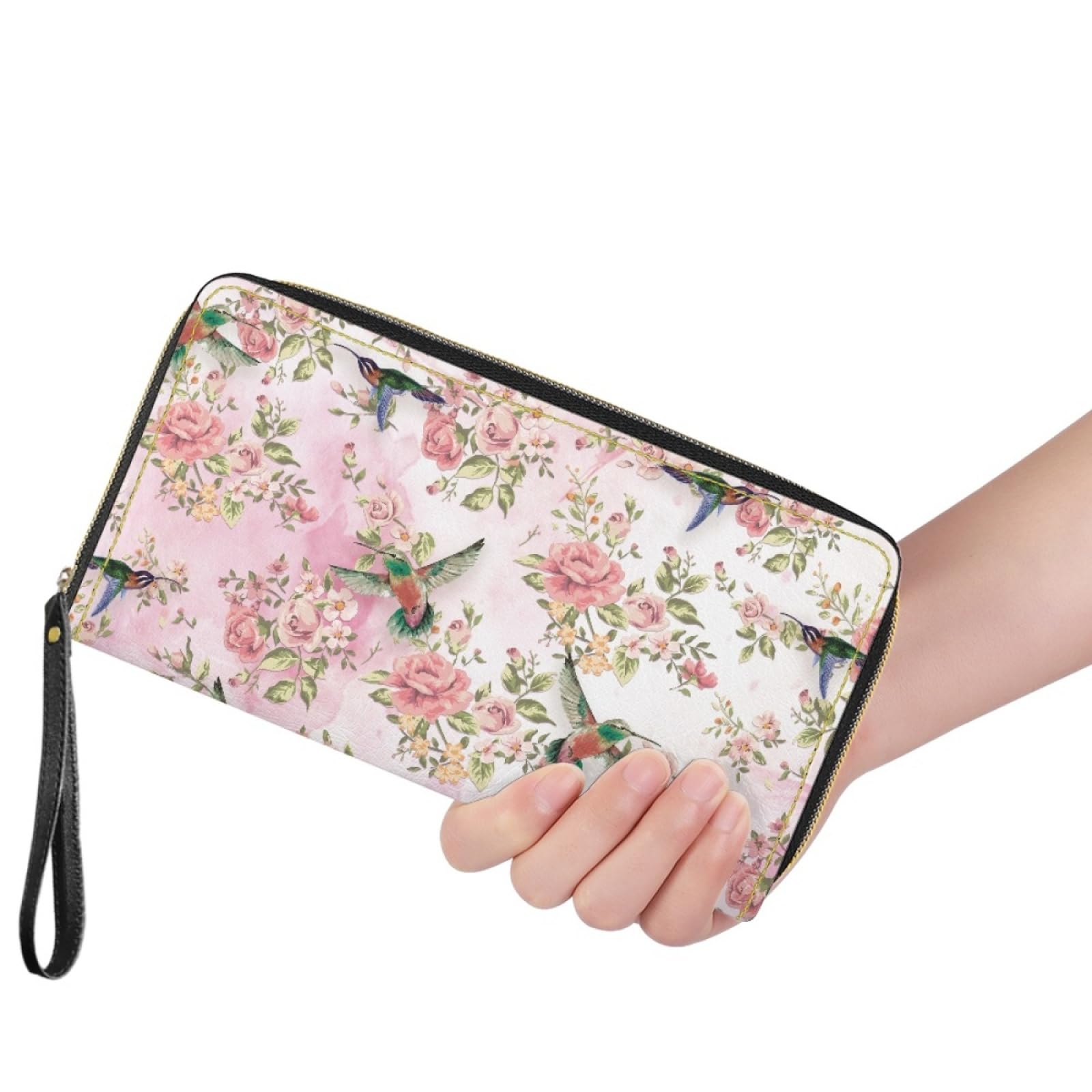 Portafoglio Donna Portamonete Porta Carte di Credito Donna Uomo Wallet | Portafogli con Zip e Cinturino da Polso Leggero Durabile Portatile,Impermeabile Cuoio,Fiori Rosa 11x20cm/3 Unità