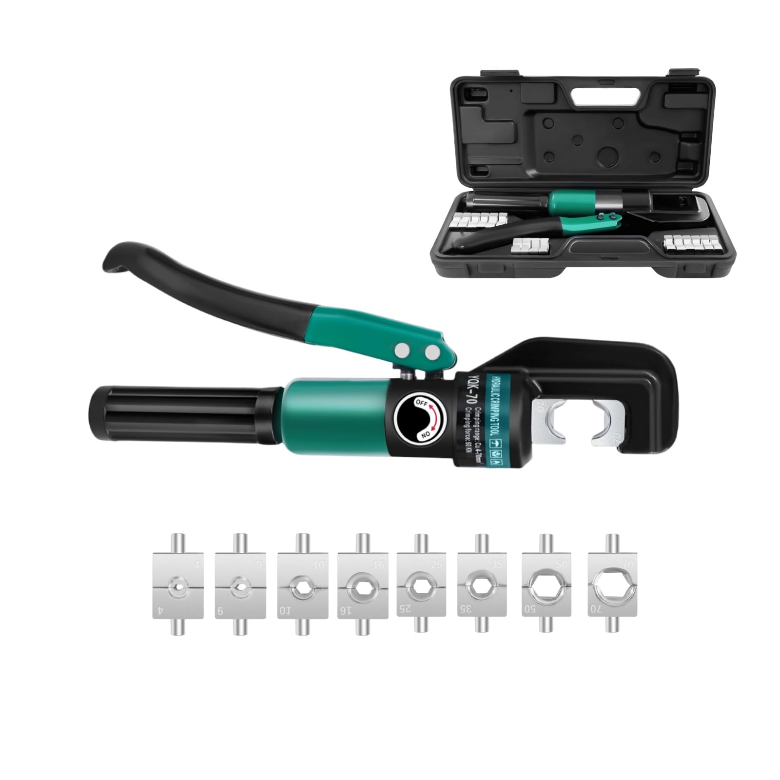 Crimpadora hidráulica YQK-70, 60kN, 8 matrices, hierro fundido, verde/negro