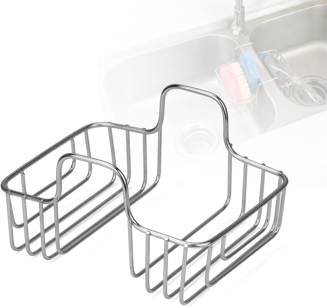LANMU Stainless Steel Sponge Holder for Double Bowl Kitchen Sink, Movable Sink Caddy for Hanging Sponge, Dish Brush, Scrubber, Rustproof Sink Divider Organizer