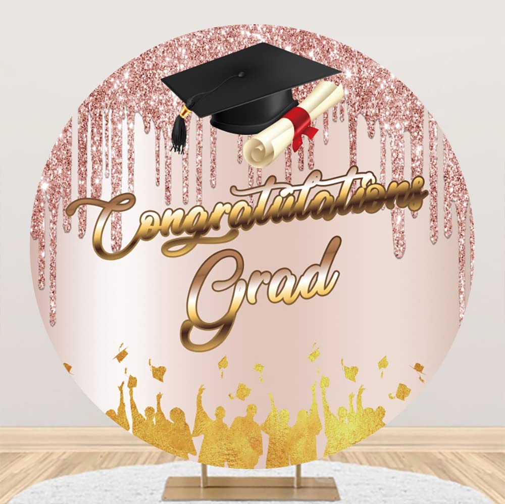 Renaiss 7x7ft Congratulations Grad Round Backdrop Cover Graduates Silhouette Grad Hat Diploma Rose Gold Glittering Circle Photography Background Pink