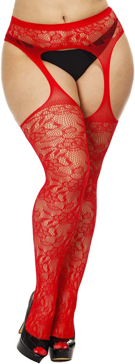 CURRMIEGO Womens fishnet tights Plus Size Lace Suspender Pantyhose Stocking