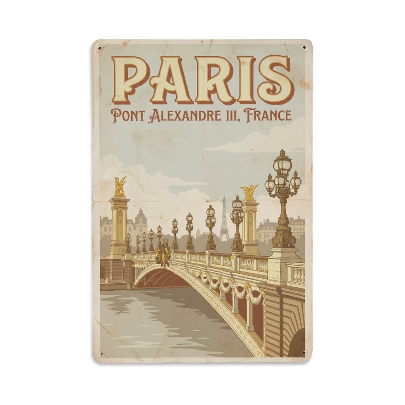 Vintage Travel Paris Pont Alexandre III Bridge Rusted France Metal Tin Sign Plaque Wall Decor for Cafe, Club Bar, Office, Home Garden Metal Poster 8x12Inch
