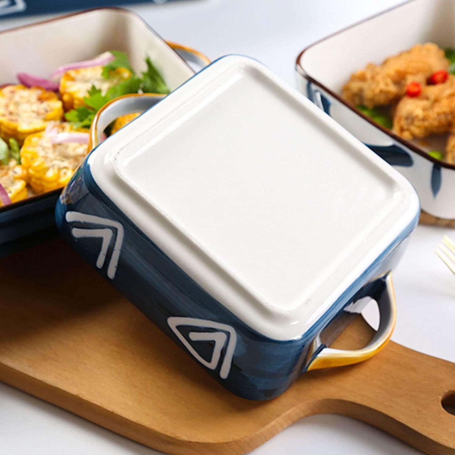 Lasagne Dish Large Deep, Rectangular Lasagne Pan With Handle, Small Ceramic Bakeware Pan For One Person, Porcelain Baking Dish Oven Proof-blue-600ml 21oz