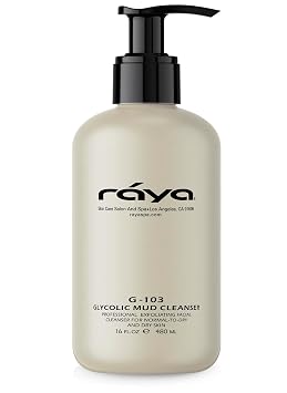Raya Glycolic Mud Facial Cleanser with AHA 16 oz G-103 | Exfoliating pH Balanced Facial Cleansing Fluid for Non Sensitive, Dry and Combination Skin | Made with Alpha Hydroxy Acid and Volcanic Mud