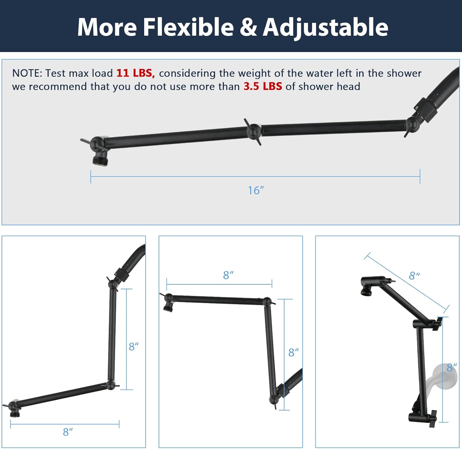 PDPBath Shower Extension Arm, 16" Upgrade Solid Brass Shower Head Shower Head Extender, Adjustable Height Extended with G1/2 Universal Connection for Rain & Handheld Shower Head Matte Black