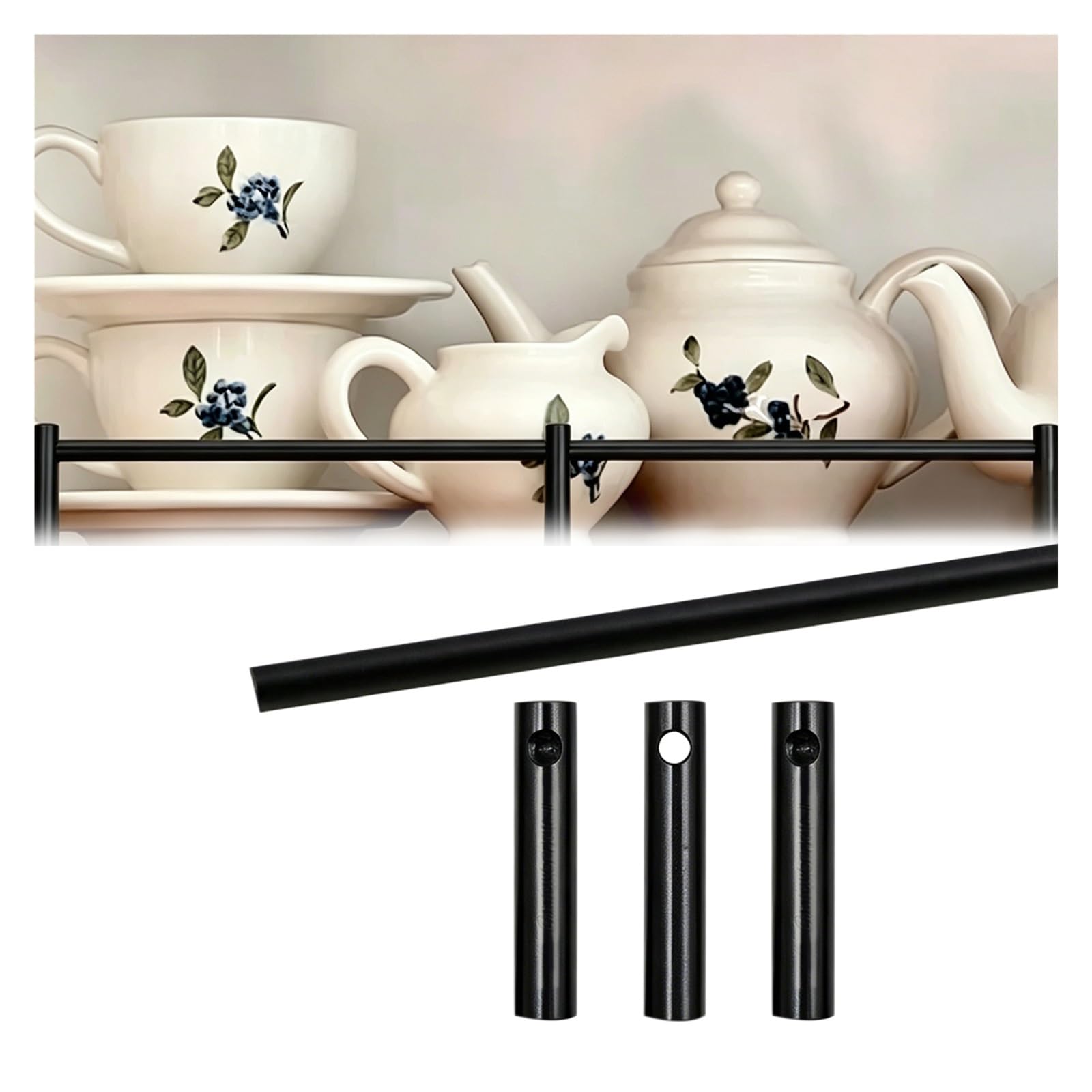 Aluminum Tipping Gallery Rails Set 95 85 75 65 55 45cm, Customizable Guard Rail for Shelving with 3 Spindles, Decor Floating Shelf Railing Rod for Glassware, Collectibles(Black A,85cm/33.5in)