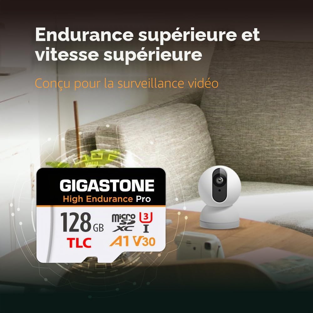 [Récupération de données Gratuite de 5 Ans] GIGASTONE Carte Micro SD 128 Go, Haute Endurance Pro Series Vitesse jusqu'à 100 Mo/s, Compatible avec Rove Viofo Vantrue, Camera embarquée