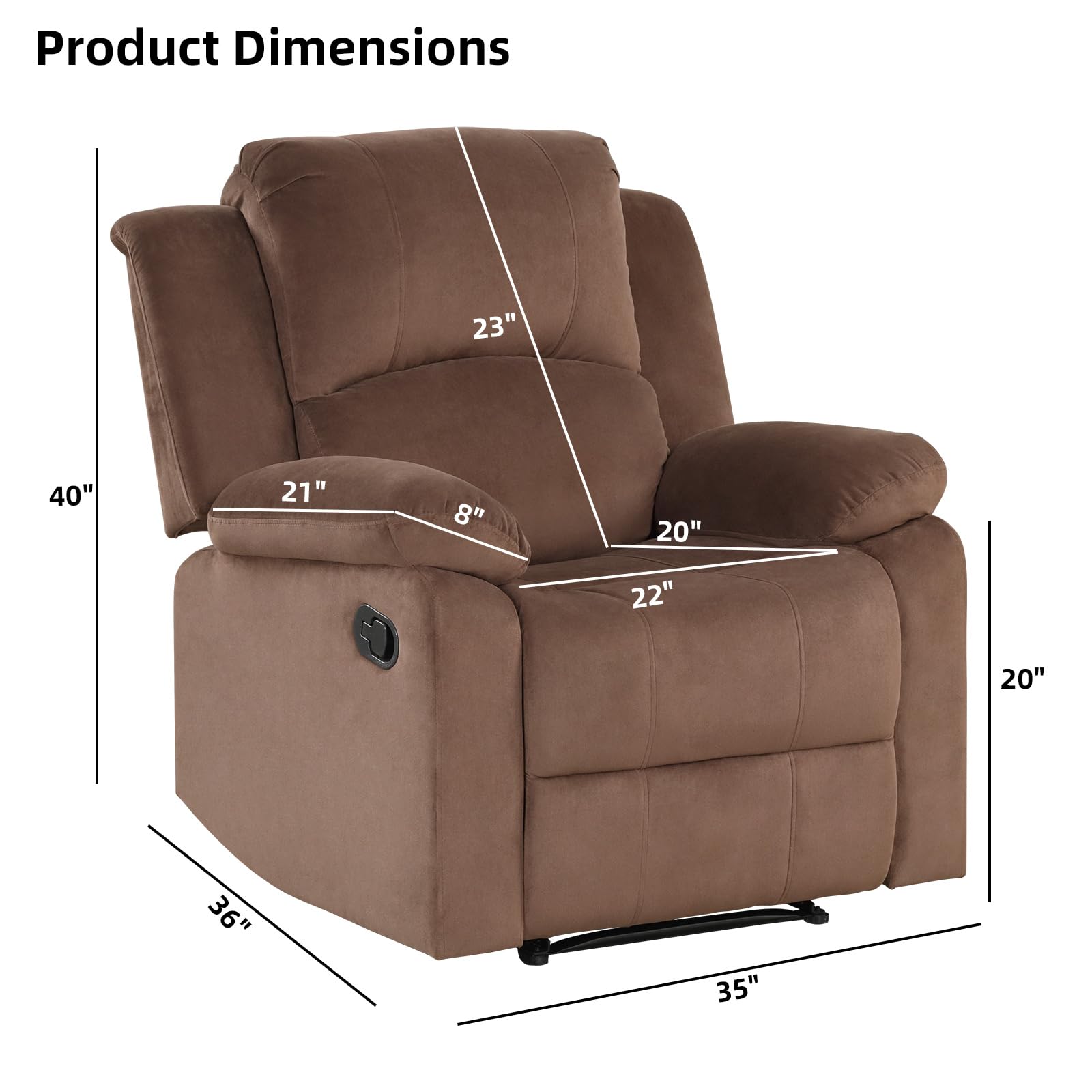 EBELLO Classic Manual Recliner Chair, Soft Microfiber Recliner Sofa with Overstuffed Arms and Back Single Reclining Couch for Living Room, Bedroom, Brown view 2