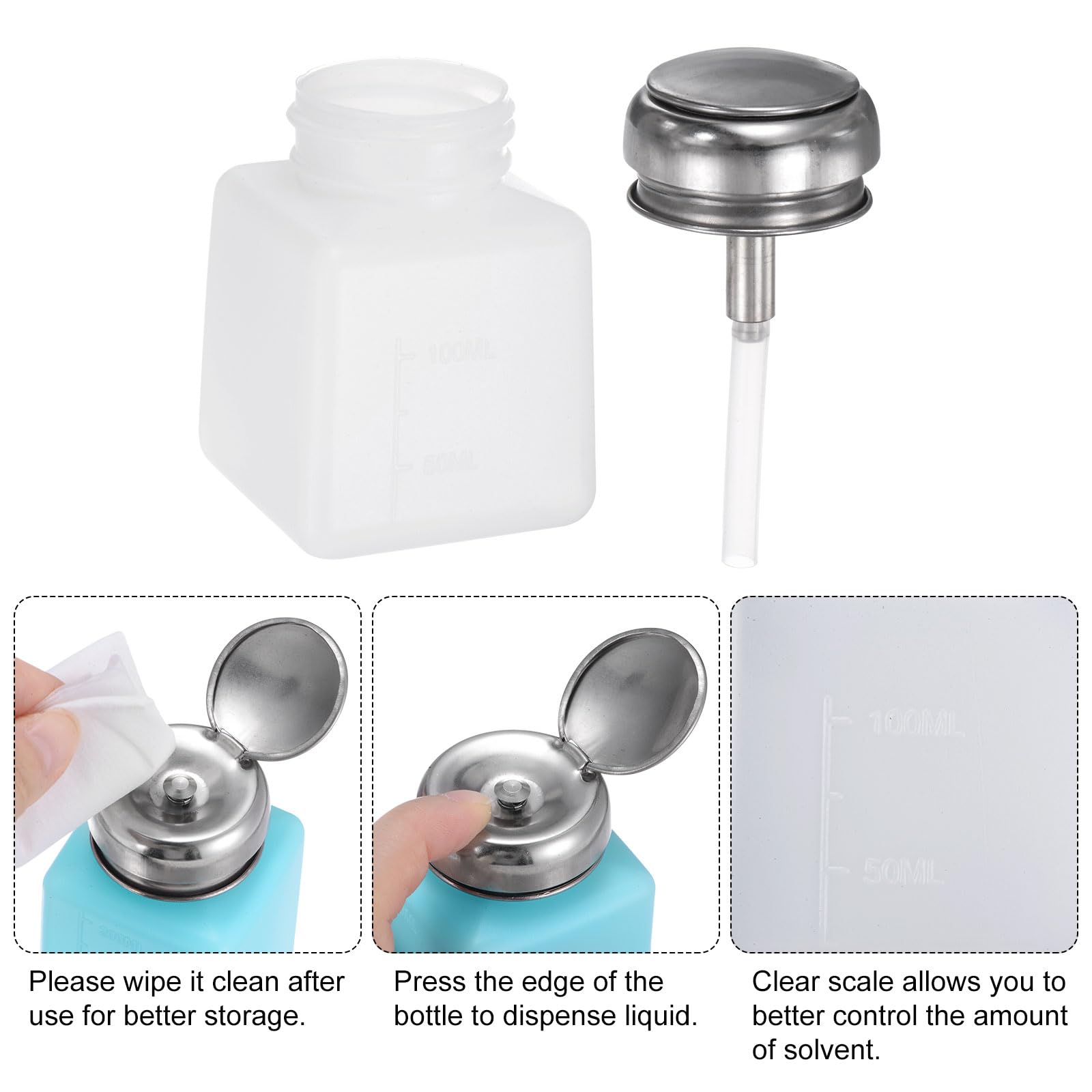 QUARKZMAN 2pz Distributore Alcol Solvente 100ml (3,4oz) Bottiglia Pompa Dispenser Liquido a Pressione con Coperchio in Acciaio Inox Sigillante per Acetone Detergente Rimuovi Smalto, Bianco