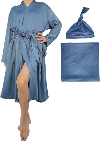 SUFEINI Maternity Robe and Matching Baby Swaddle Blanket Set, Mommy Robe with Receiving Blanket Girls Boys Sleepwear