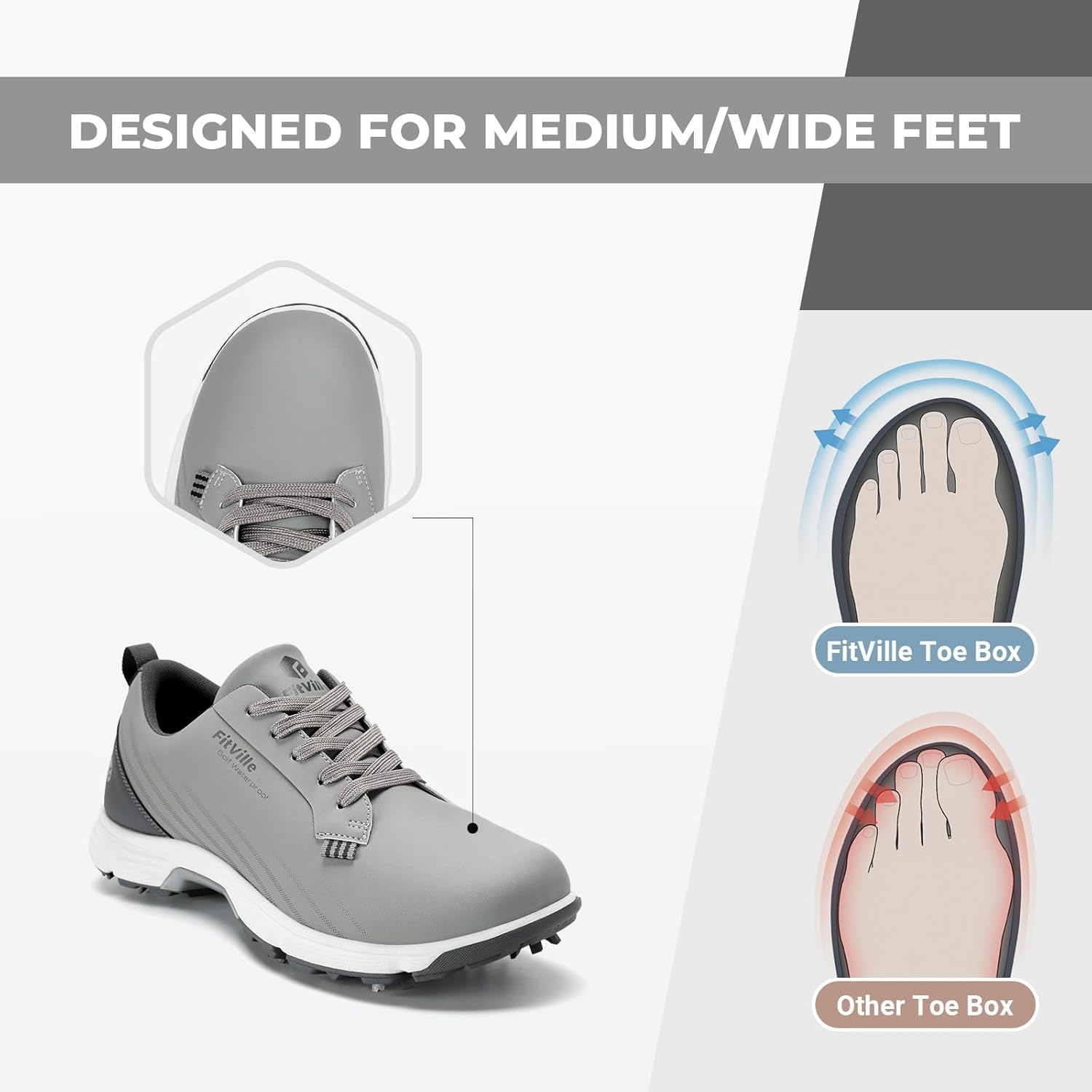FitVille Men's Wide Golf Shoes with Replaceable Spikes, Arch Support & High-Rebound Cushioning for Long-Distance Walking - Image 2