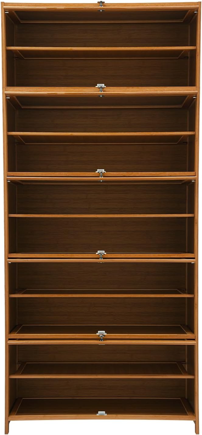 11-Tier Shoe Storage Cabinet with Glass Doors, 67inch Tall Modern Shoe Organizer Retro Shoe Rack Cabinet with Magnetic Door Locks, Round Handles for Entryway Front Door Closet Living Room (11-Tier)