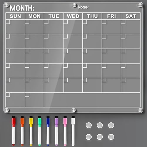 LANDNEOO Acrylic Fridge Calendar, Magnetic Monthly Planner with 8 Color Markers, Clear Dry Erase Board for Events/Meetings/Shopping Lists - 14.5 * 11.5'' - Calendar