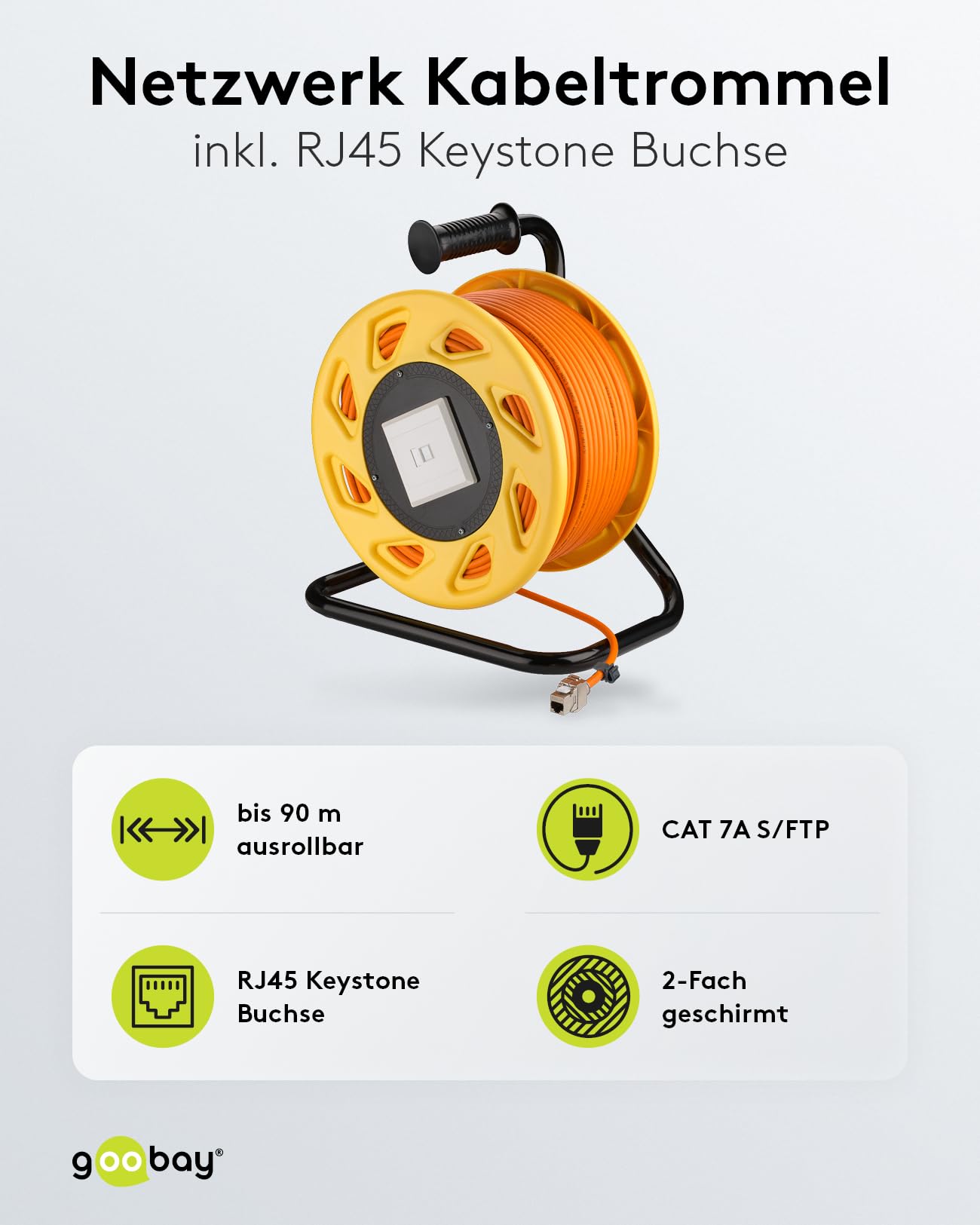 Goobay 58938 - Avvolgicavo di rete, 90 m, per esterni, Cat 7A, RJ45, Keystone, presa di rete, cavo di rete, prolunga 90 m, arancione