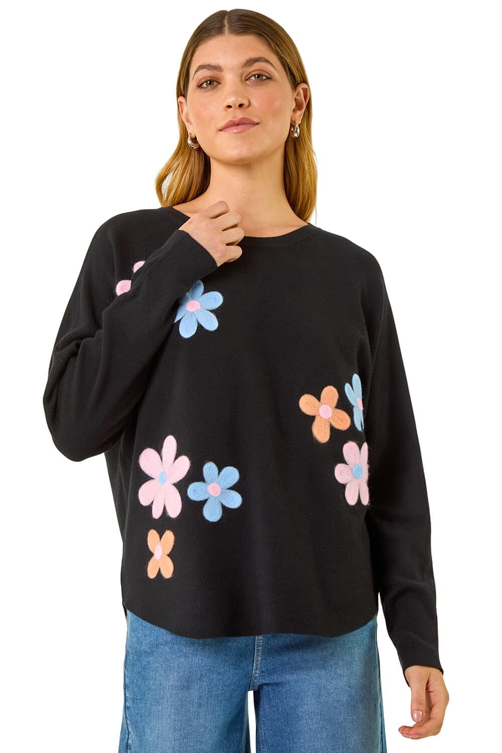 Roman Floral Embroidery Knit Jumper - Black - One Size