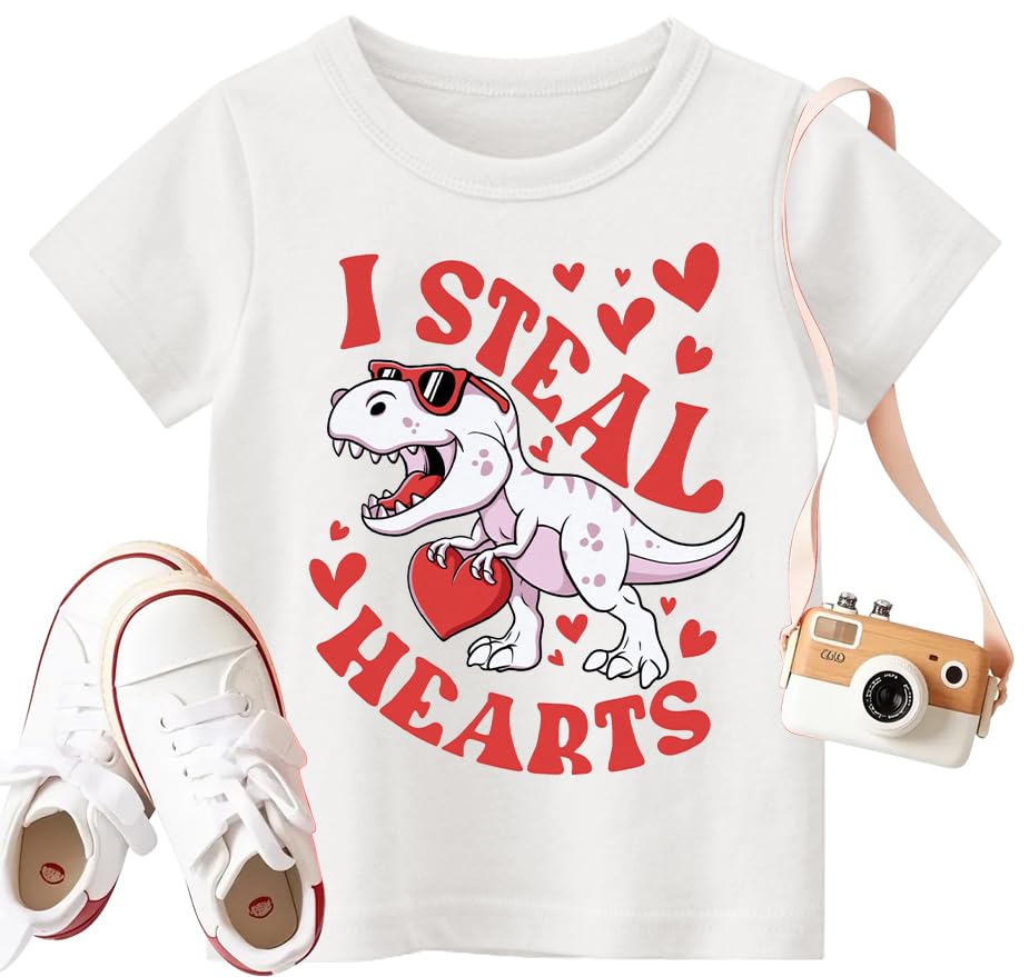Valentines Shirts for Boys Girls Kids Toddler Valentines T-Shirts Short Sleeve Cute Love Heart Valentine's Tee Funny Dinosaur Steal Hearts Tops White-b