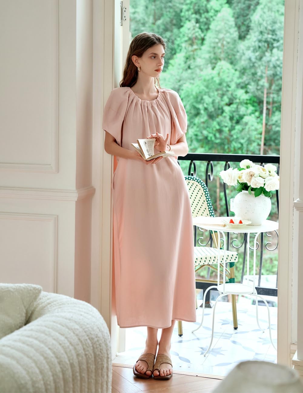 Puff Sleeve Loose Maxi Dress for Women, Summer Autumn Elastic Crew Neck Light Pink Pleated Casual Cute Dresses - Image 6