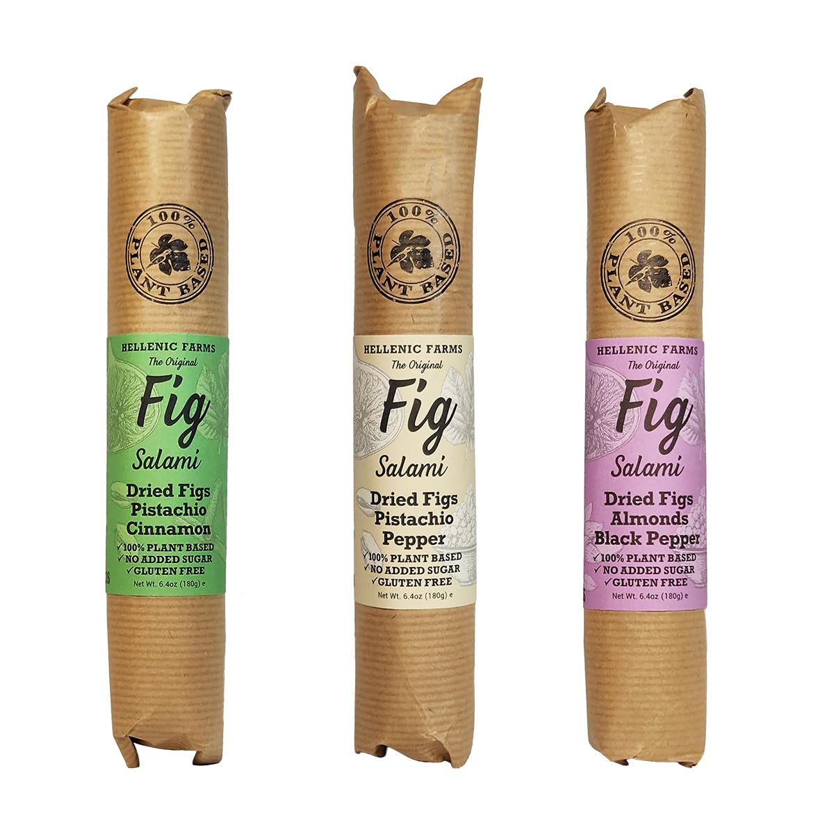 Hellenic Farms Fig Salami with Nuts 3-Pack, Vegan, 100% Plant-based. 1 of each roll made of dried greek figs with: pistachios + cinnamon; and pistachios + pepper; and almonds + black pepper.