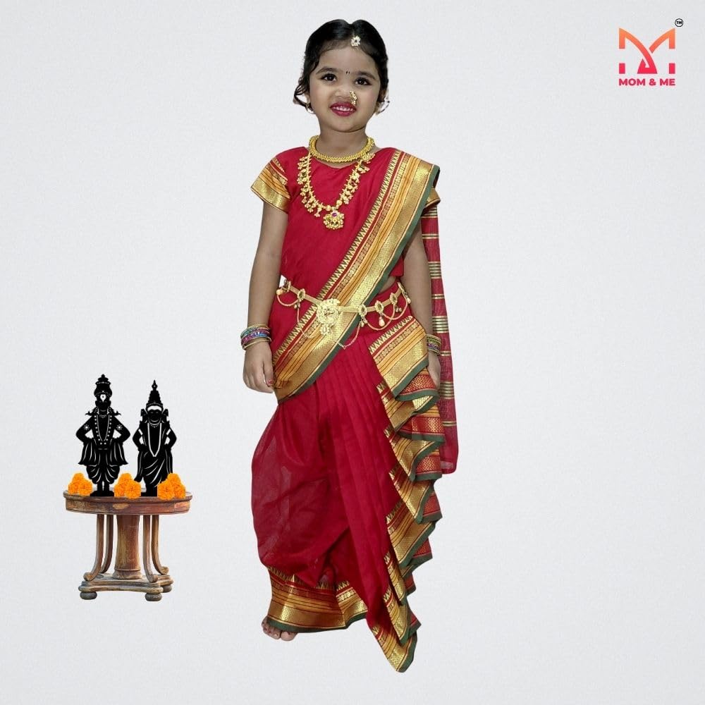 Mom and Me Girls' Ready-to-Wear Mastani Nauwari Saree with Stitched Blouse | Traditional Maharashtrian Ilkal Border | Soft Acrylic Cotton | Age 12 Months to 15 Years (Red, 5-6 Years) - Image 3 thumbnail