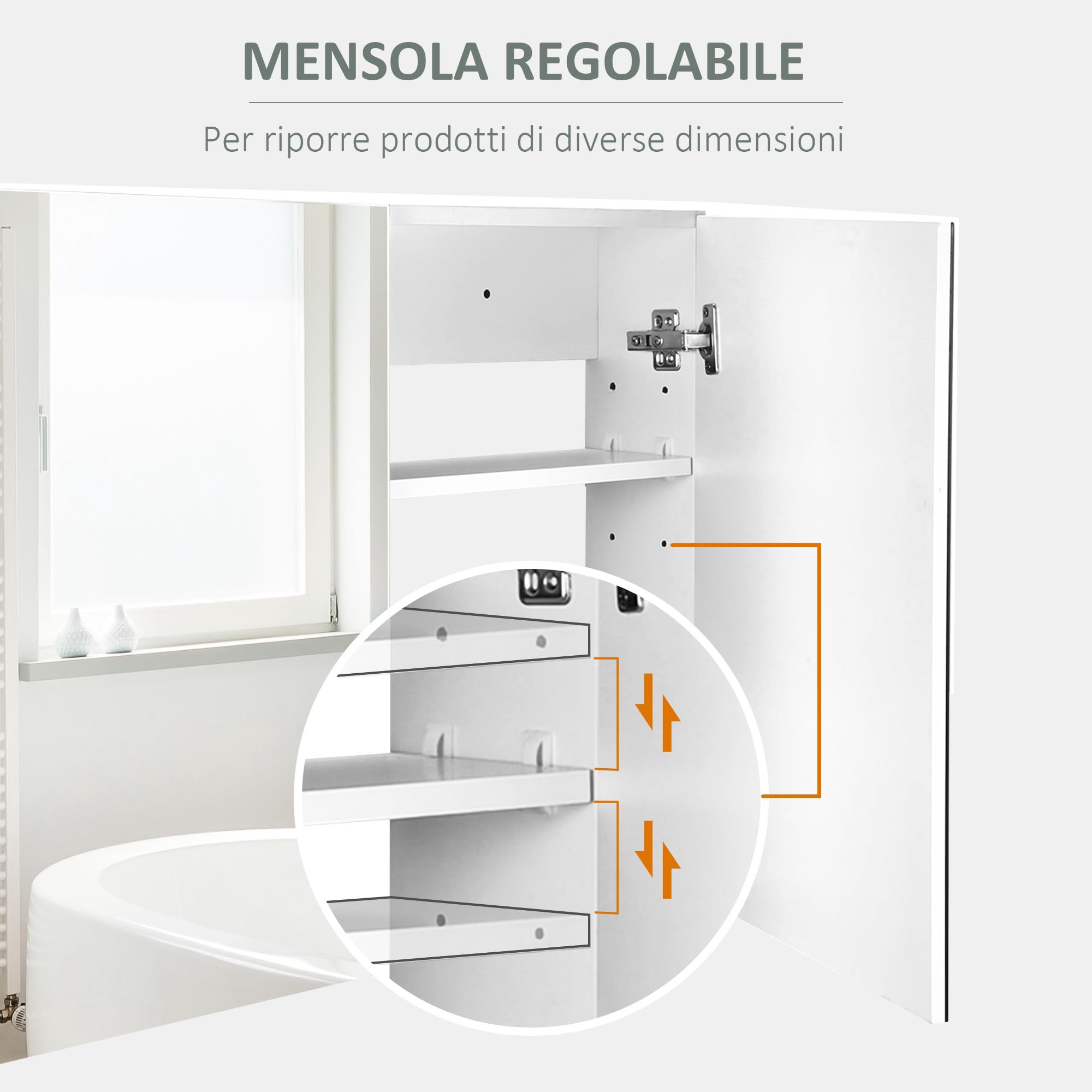 HOMCOM Specchio Bagno Contenitore con Ante a Chiusura Ammortizzata e Ripiani Regolabili, Specchiera Bagno con 3 Ripiani Interni in MDF e Vetro, 80x15x60 cm, Bianco