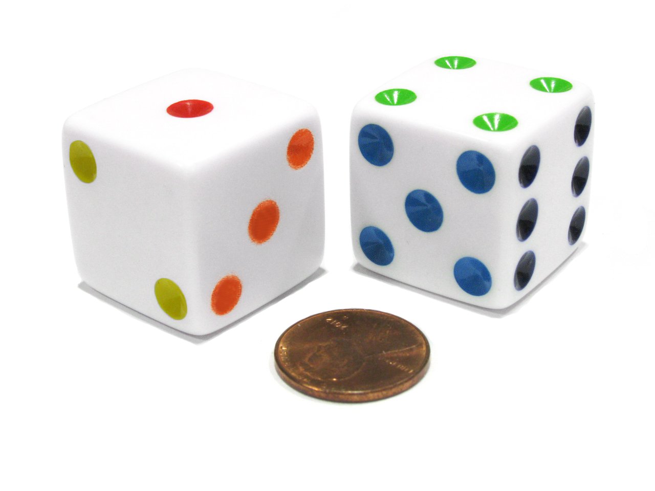 Koplow Games Set of 2 D6 25mm Large Opaque Jumbo Dice - White with Multicolor Pips